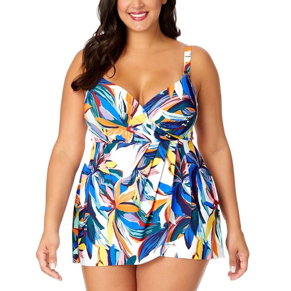 Anne Cole Womens Plus Size Printed Surplice Swim Dress 18W Multi - NWT